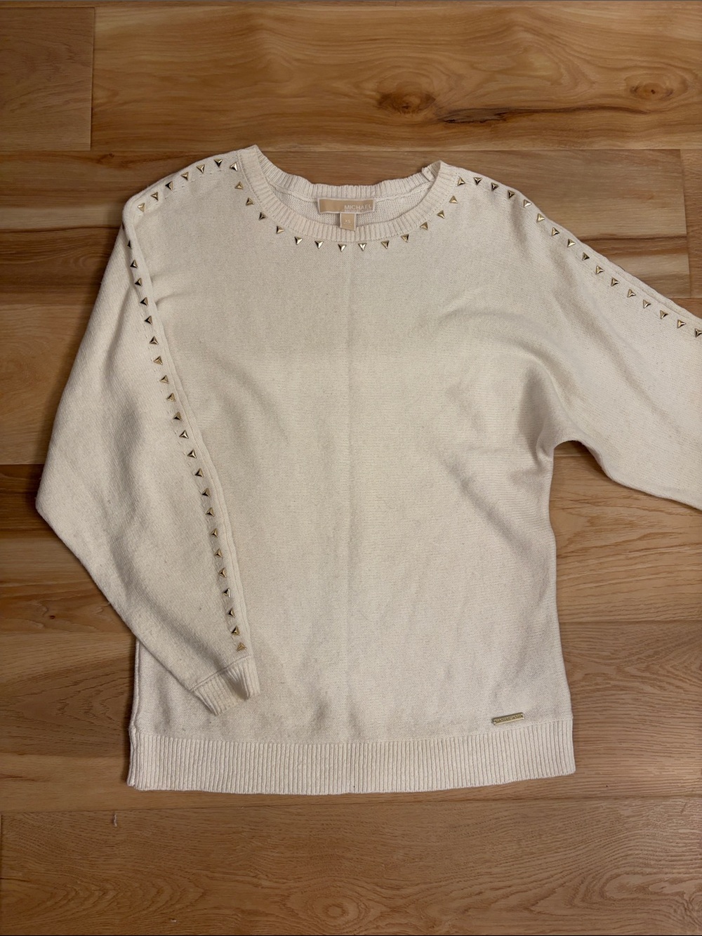MICHAEL Michael Kors Cream Crewneck Sweater with Gold Studs